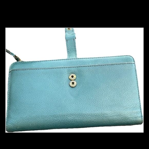 Fossil Teal Green Pebbled Leather Zip Around Credit Card Wallet Wristlet Clutch - Picture 3 of 7